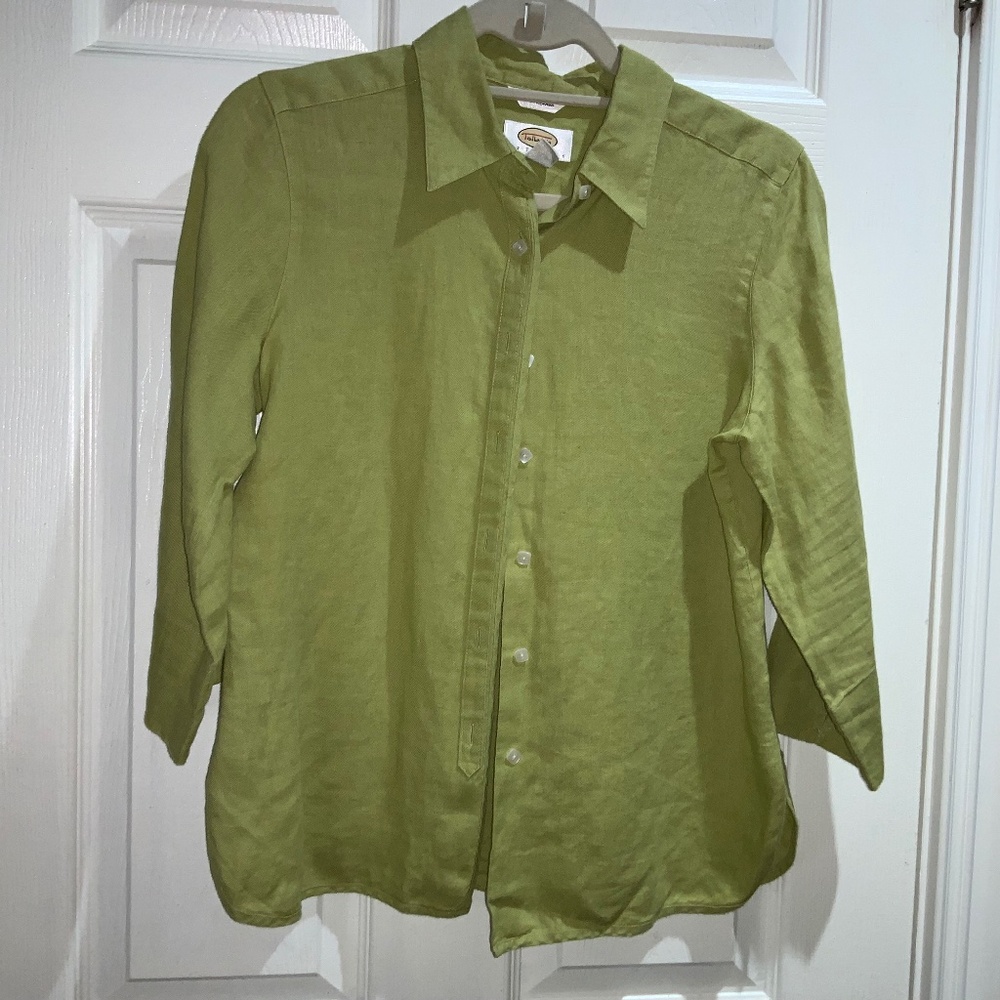 Talbots Petites Green Irish Linen 3/4 Sleeve Button Up Top Size 8P Blouse
